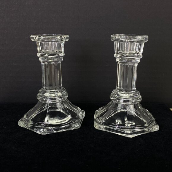 FTDA Clear Glass Taper Candlesticks 4 Inch Set Of 2 Hexagonal Base - Picture 3 of 8